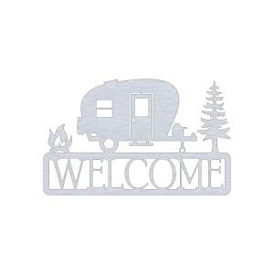 A laser-cut aluminum wall sign featuring a camper trailer, a campfire on the right, and an evergreen tree on the left. Below these elements, the word 'WELCOME' is prominently displayed in bold, capital letters. The entire piece has a rustic, metallic finish set against a black background, showcasing its intricate cutout design.